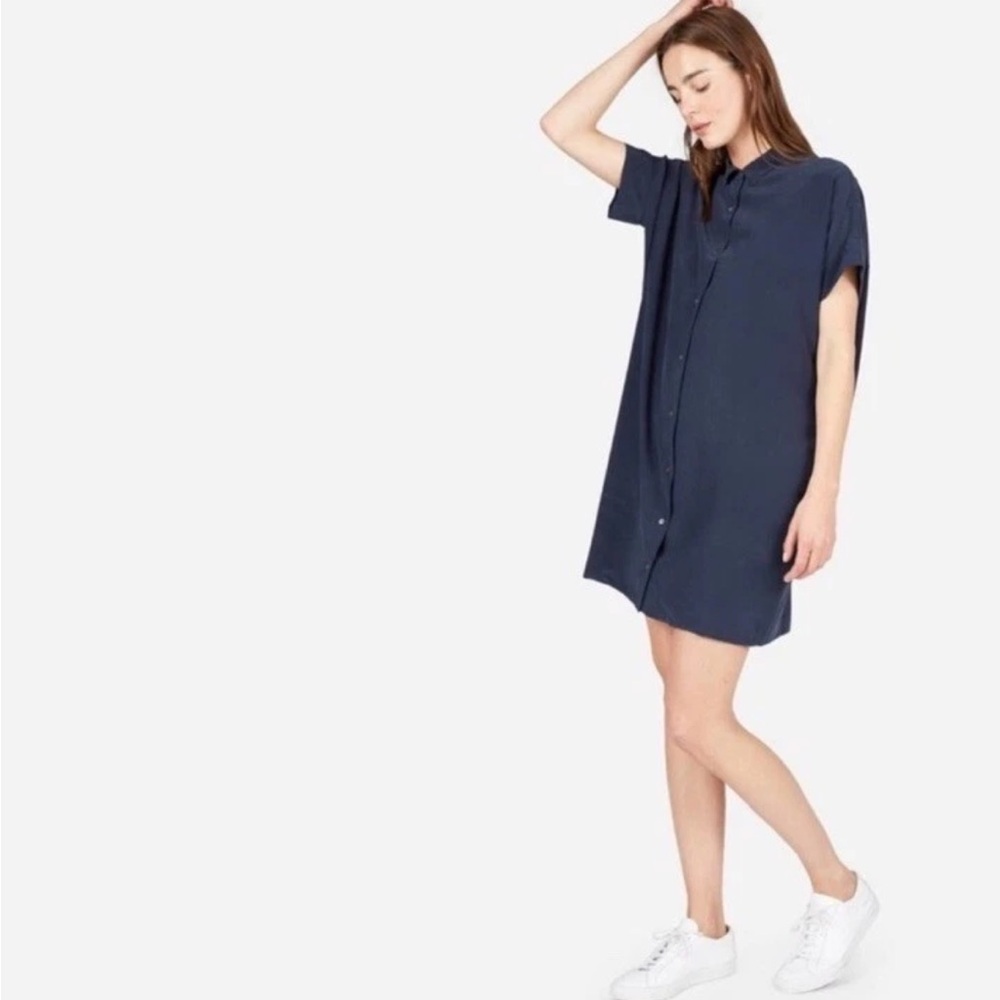 Everlane Square Shirt Button Down Dress Size 4 Navy Blue Short Sleeve Collar